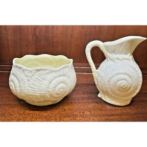 Belleek‎ Ireland Shell Pattern Creamer Sugar Bowl Set Yellow Green Parian